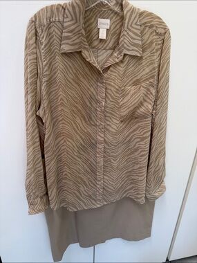 Chico's Beige & Gold Metallic Striped Zebra-Print Button-Down Shirt Sheer L XL 2